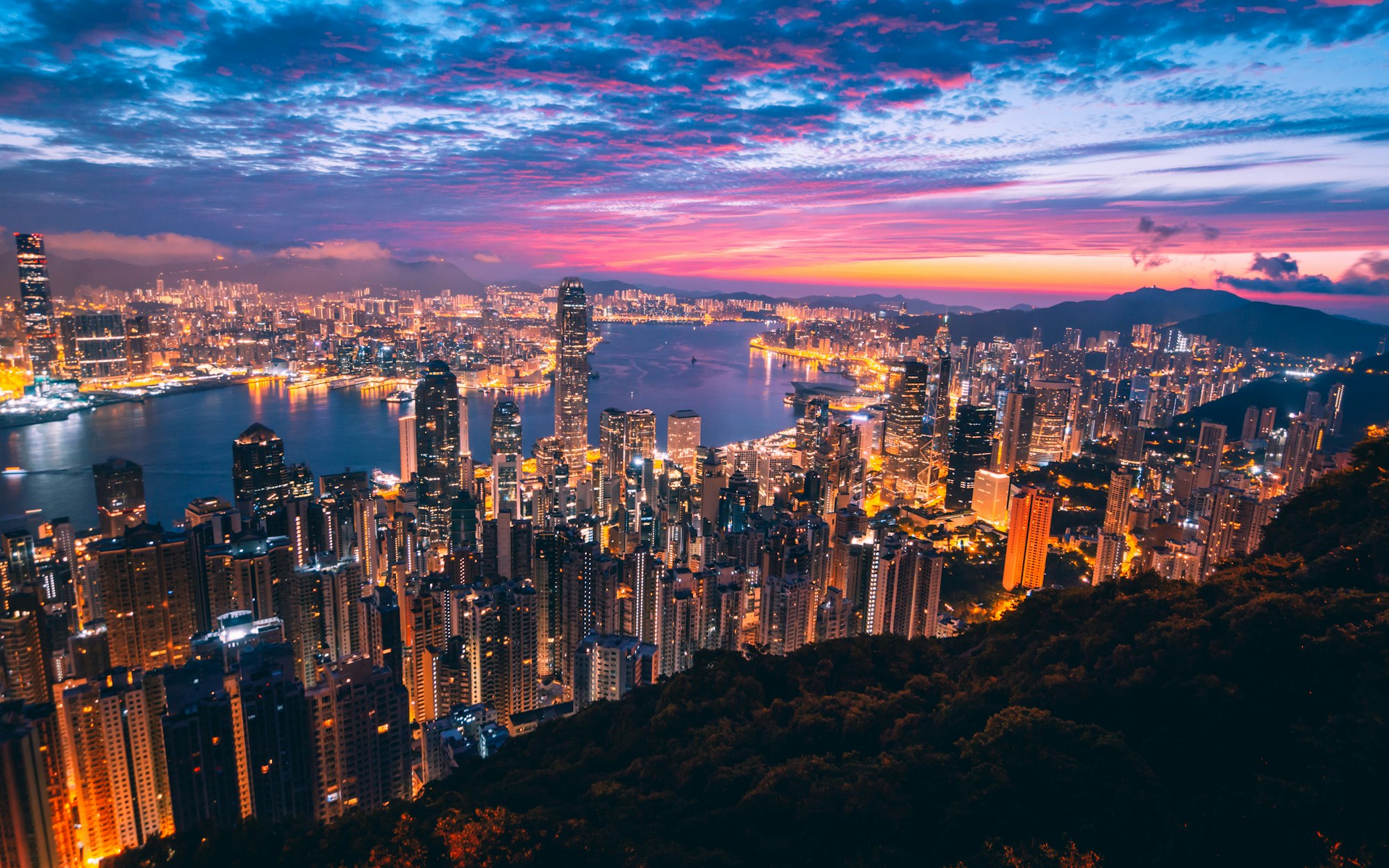 Hong Kong Victoria Harbour skyline at dusk